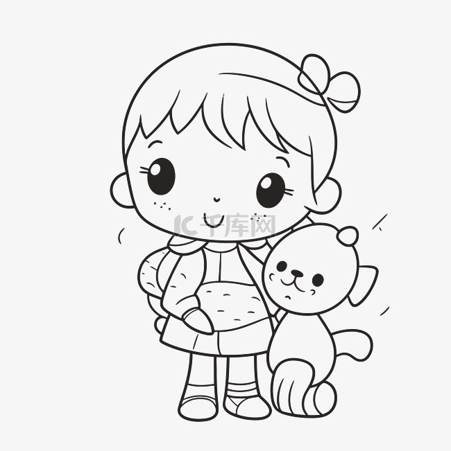 小女孩坐在背包里拿着泰迪熊着色