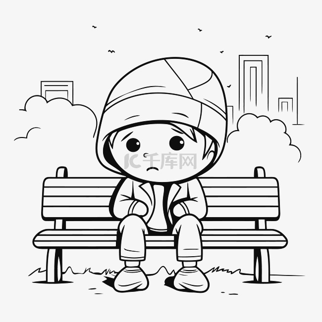 悲伤男孩坐在城市轮廓素描附近的