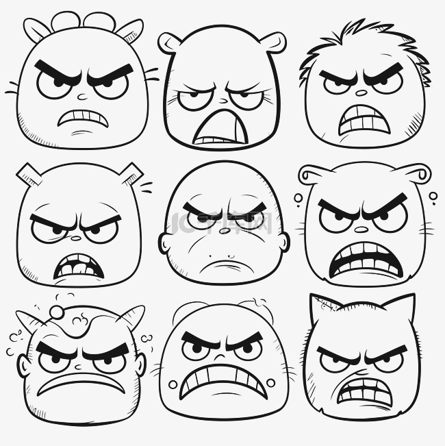 各种愤怒面孔的图画，包括愤怒的