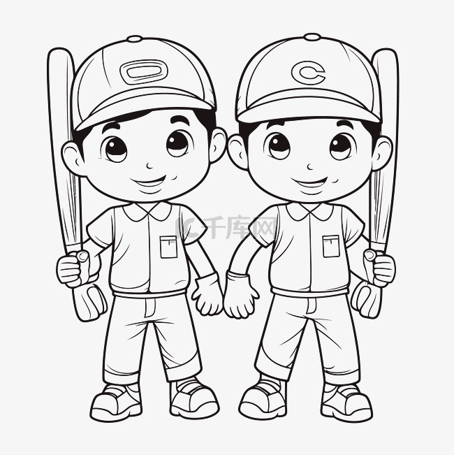 两个拿着棒球棒的男孩在着色页中