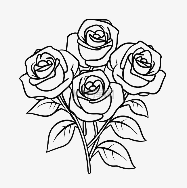 花束中的玫瑰图像着色页轮廓素描
