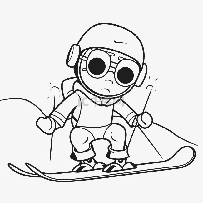 卡通男孩在滑雪坡上滑雪轮廓素描