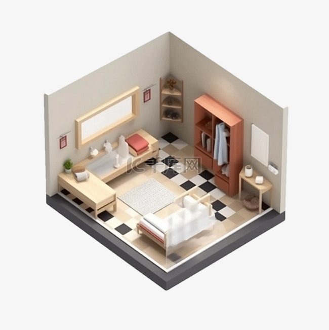 3d房间模型白色卧室立体