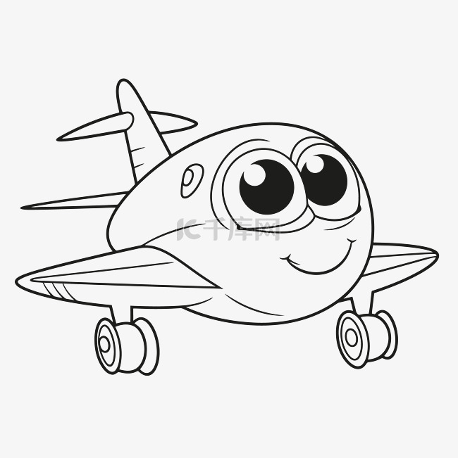 卡通飞机着色页与大眼睛轮廓素描