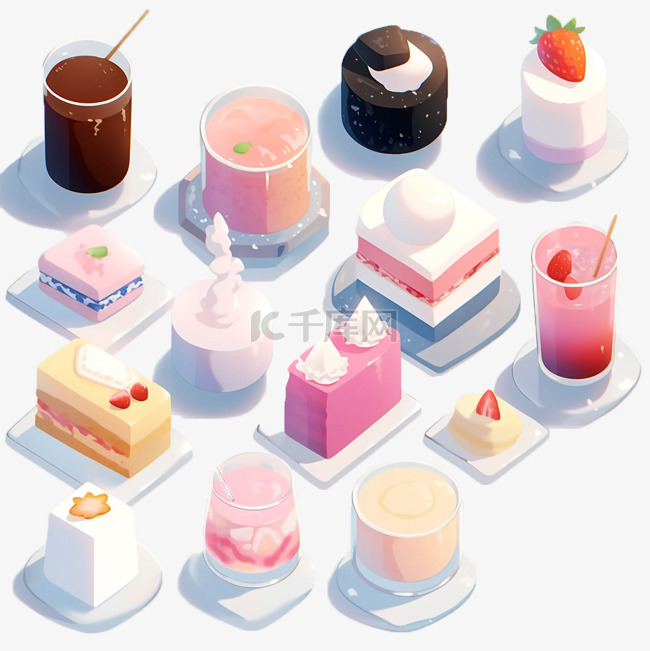 一组蛋糕美味食物插画
