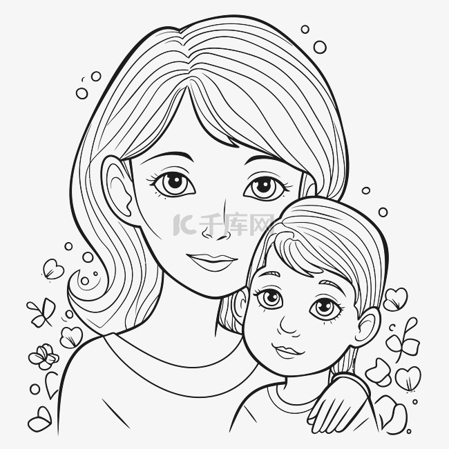 母亲和孩子着色页轮廓素描 向量