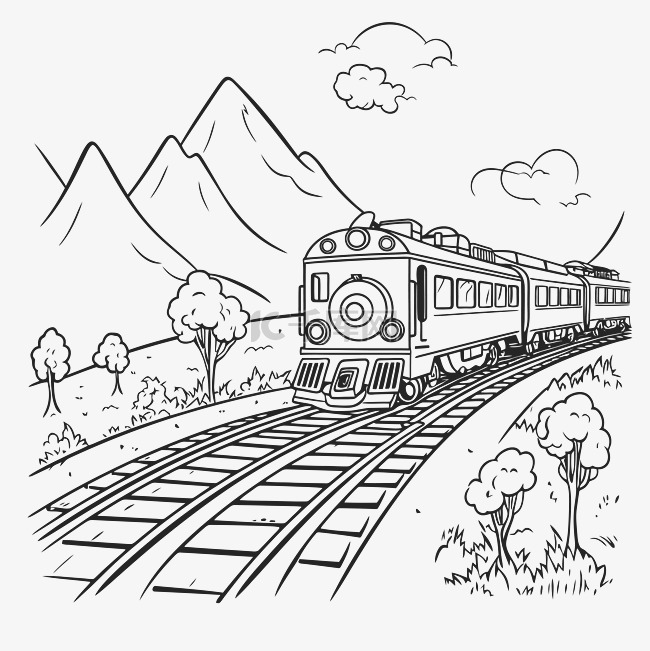 火车穿越群山着色页轮廓素描 向
