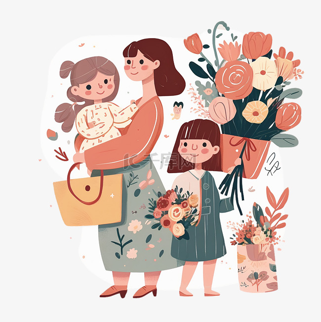 母亲节孩子和花朵