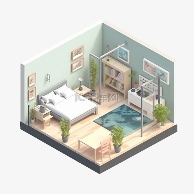 3d房间模型淡绿色立体