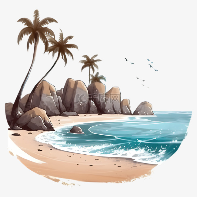 沙滩椰树石头插画