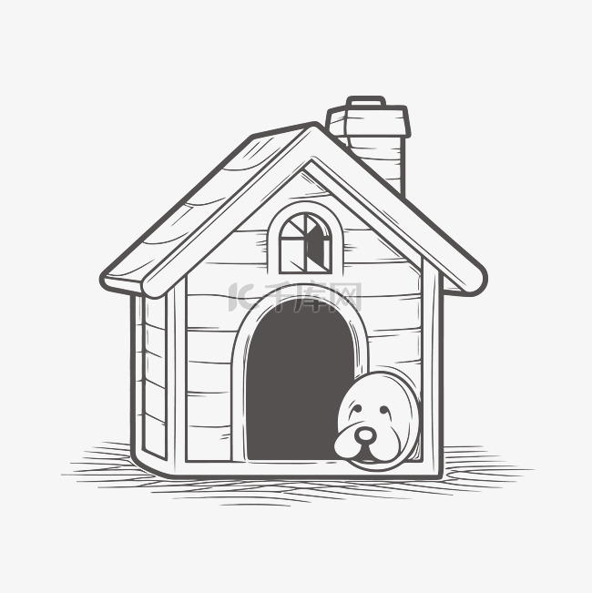 房子轮廓草图中一只狗的黑白画 