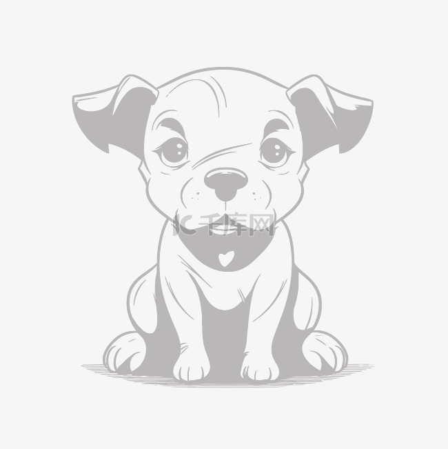 黑白插图中的可爱卡通小狗轮廓素