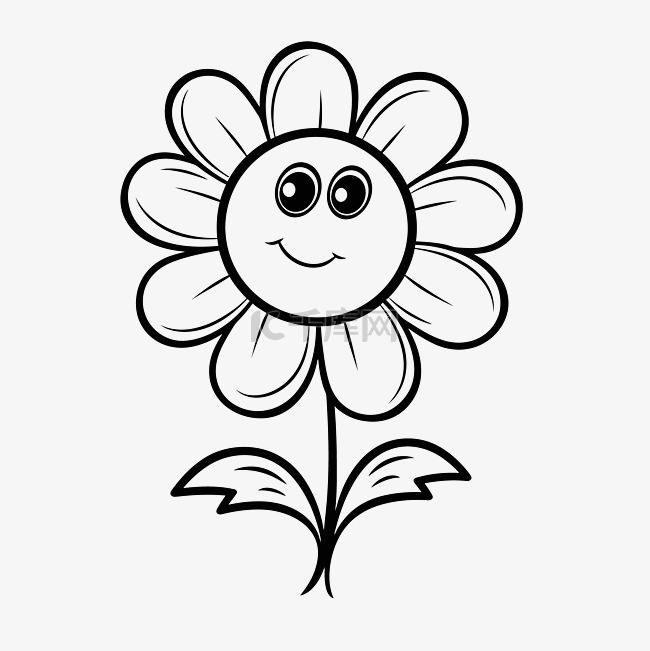 黑白花卉着色页与卡通花卉与大眼