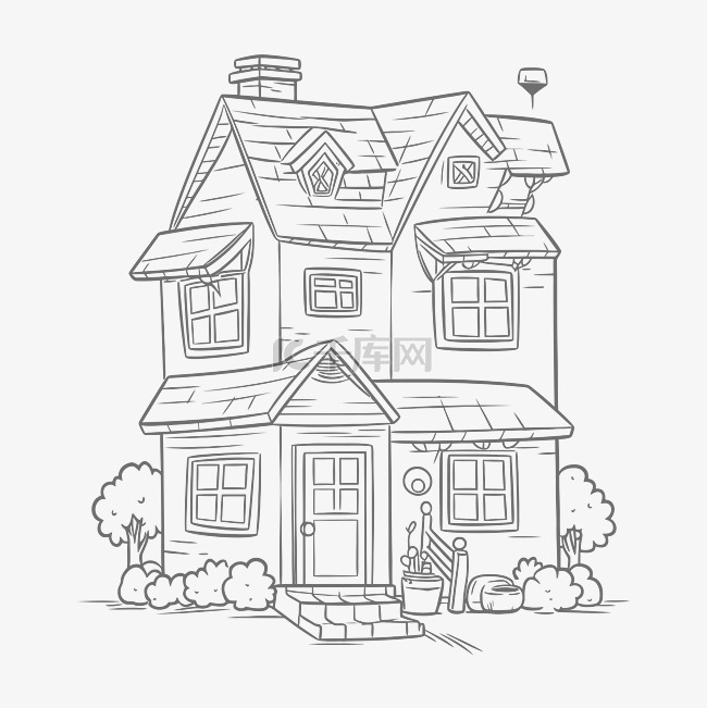 白色背景轮廓草图上的房屋着色页