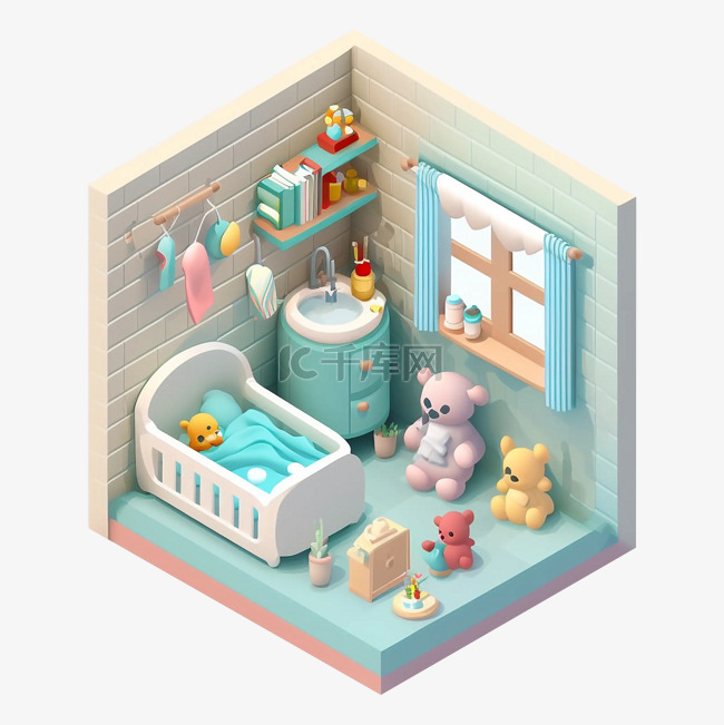3d房间模型婴儿房蓝白色图案