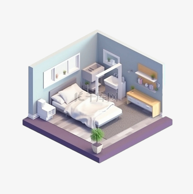 3d房间模型紫色等距地板立体