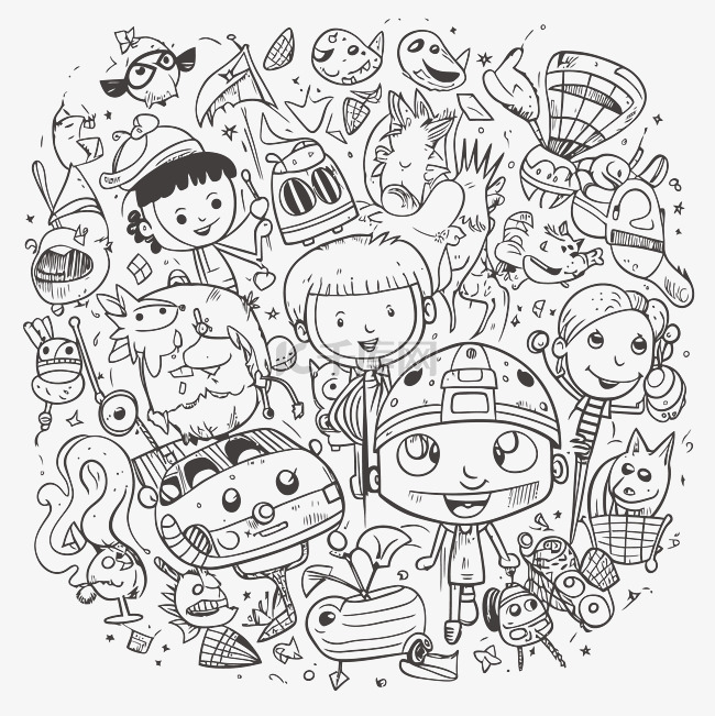 卡通儿童和动物在圆形轮廓素描上