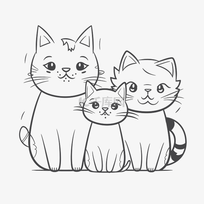 三只猫轮廓素描的插图 向量