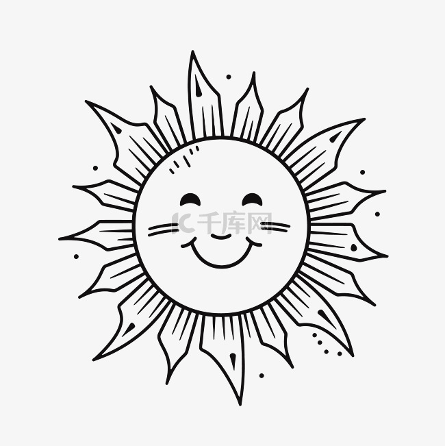 黑白轮廓素描中的阳光明媚的太阳