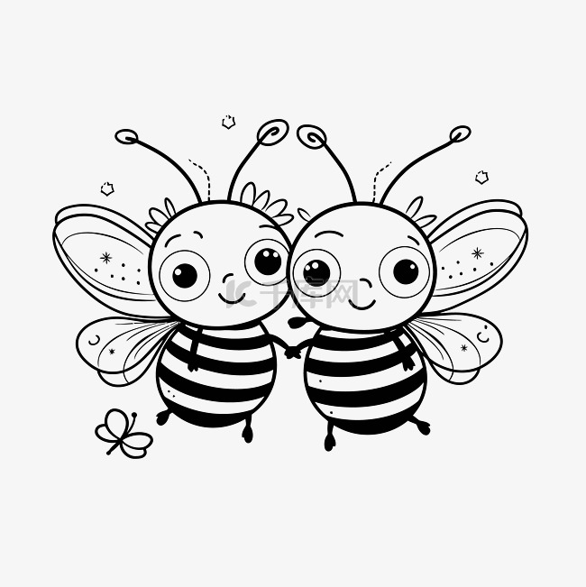 黑白蜜蜂夫妇在一起着色页矢量轮