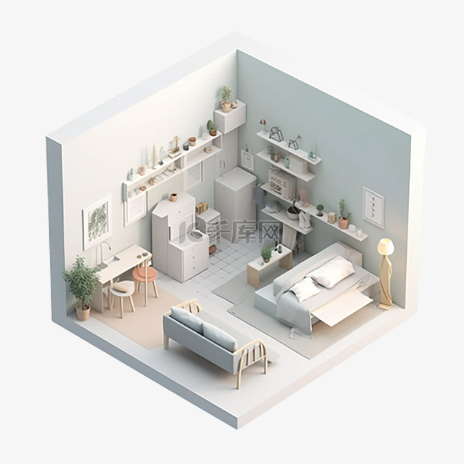 3d房间模型白色建筑简洁