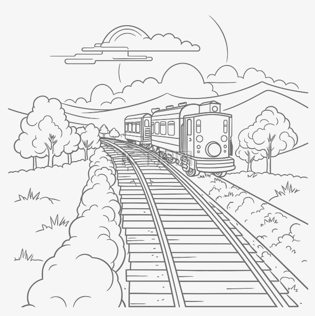 用黑白绘制的火车着色页，带有山