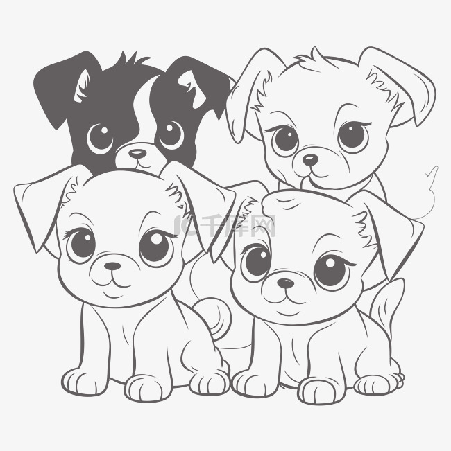 四只可爱的小狗着色页轮廓素描 