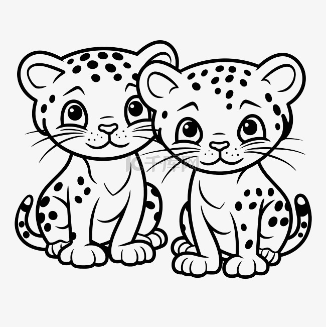 两只豹幼崽着色页轮廓素描 向量