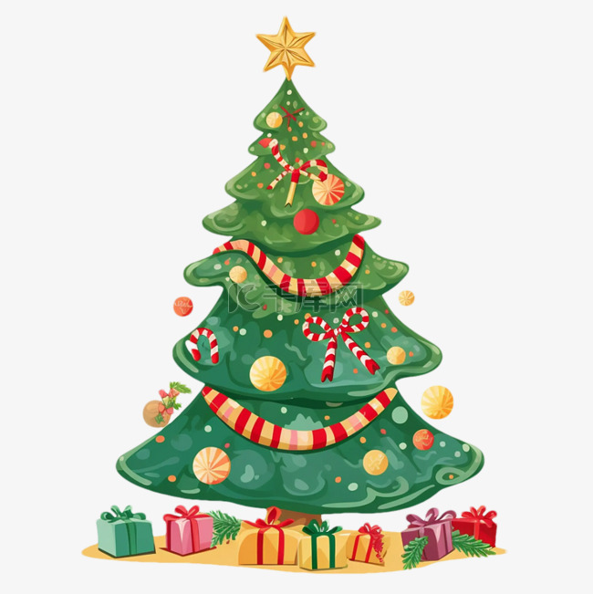 圣诞节彩色礼盒绿树卡通