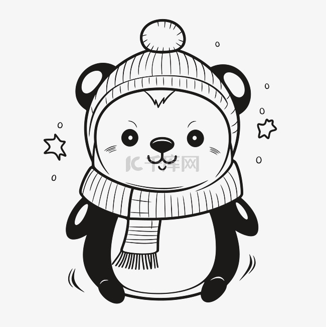 卡哇伊熊猫戴着冬天的帽子和围巾