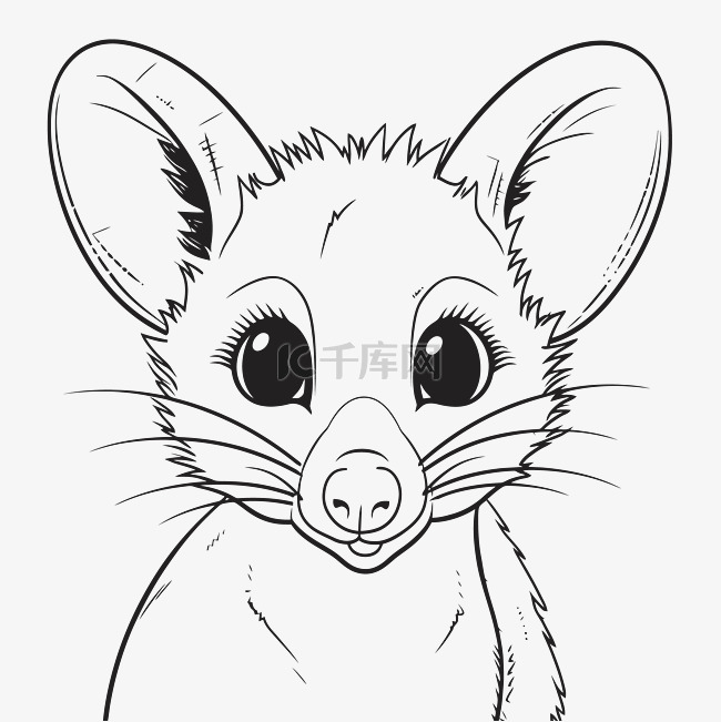 可爱的小负鼠脸着色页轮廓素描 