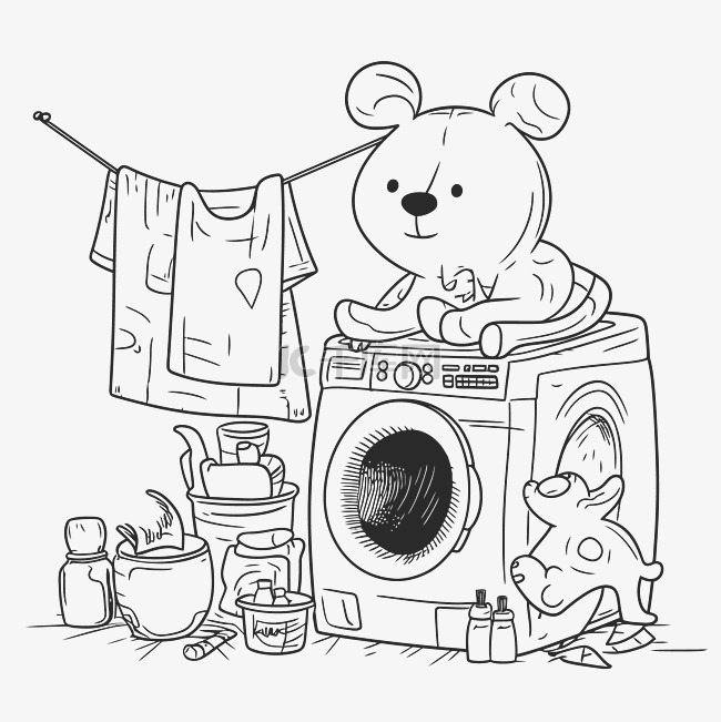 熊坐在洗衣机轮廓草图上 向量