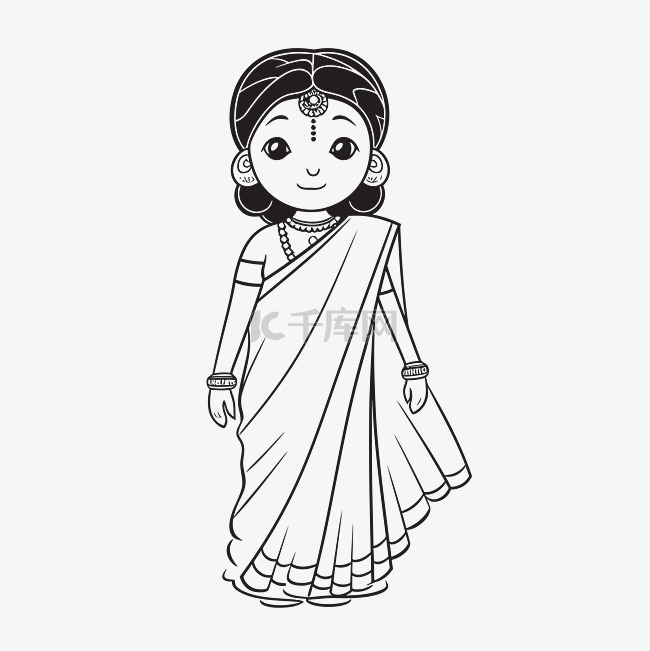 印度妇女在纱丽着色页插图轮廓素