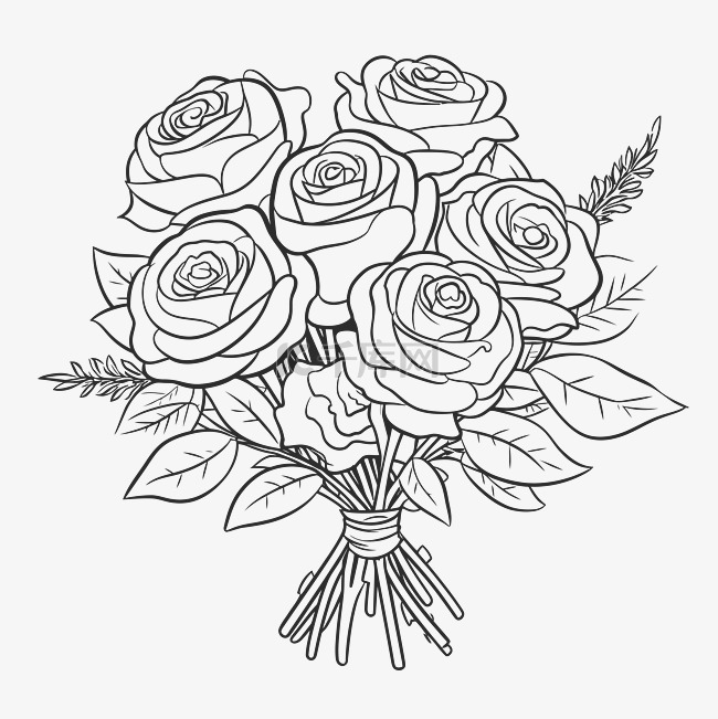 简单的玫瑰花束着色页轮廓素描 