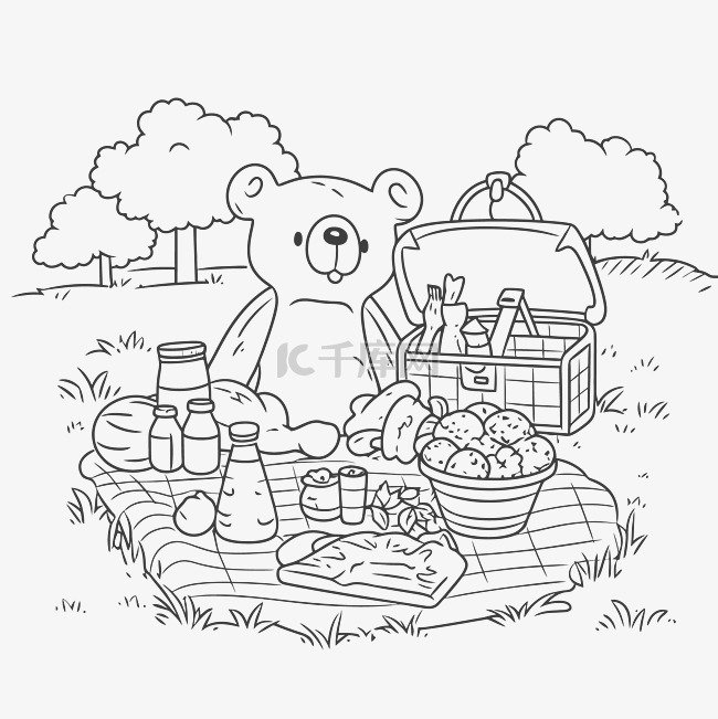 熊在篮子里野餐着色页轮廓素描 