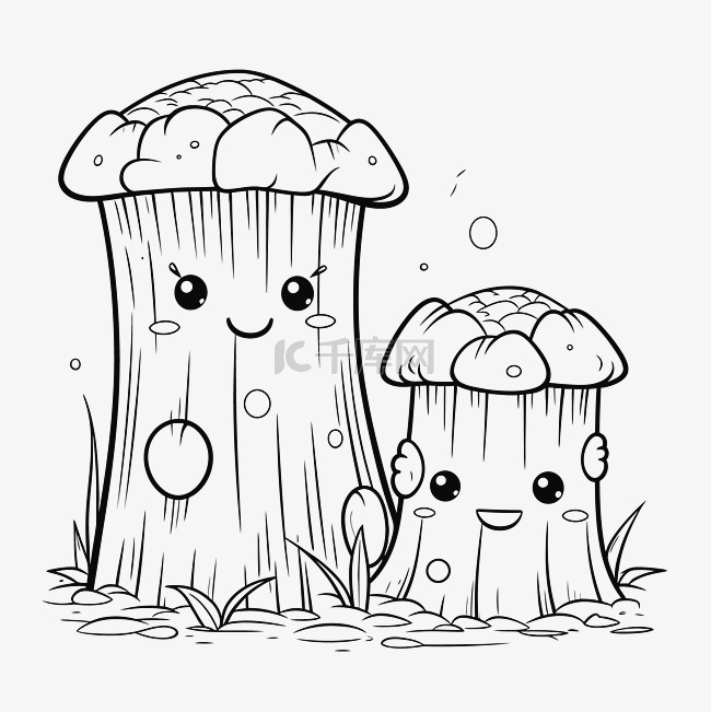 两个可爱的蘑菇着色页轮廓草图 