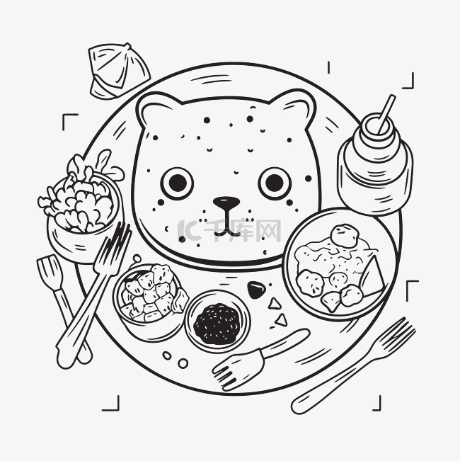 带熊吃盘子轮廓素描的孩子的食物