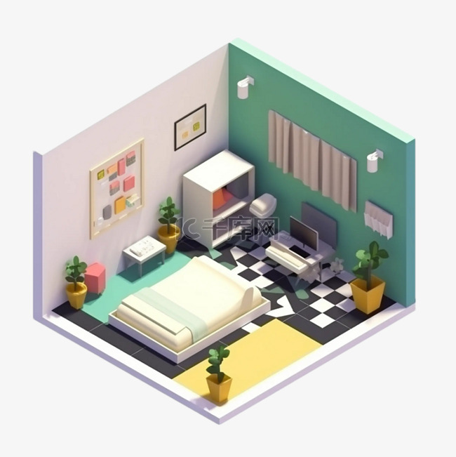 3d房间模型绿色柜子床立体