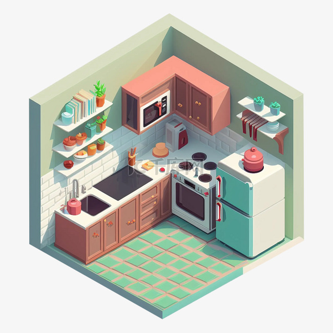 3d房间模型厨房红绿色图案
