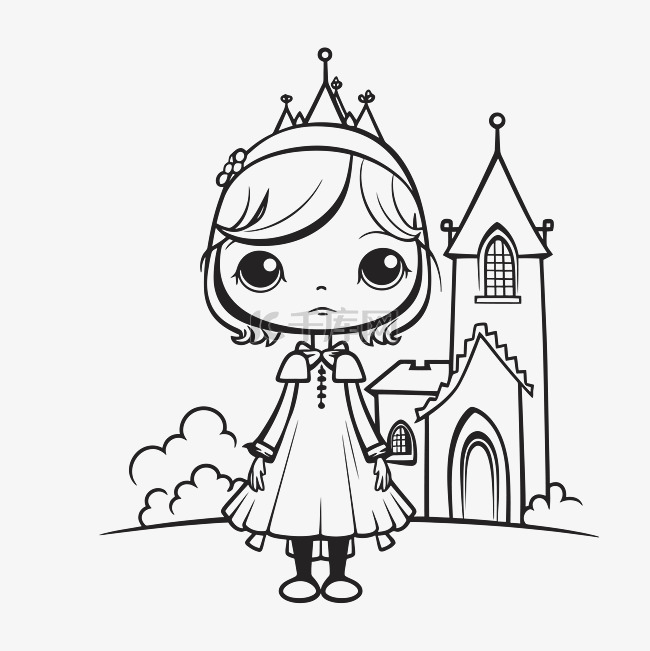 小小姐可爱公主在皇冠和城堡着色