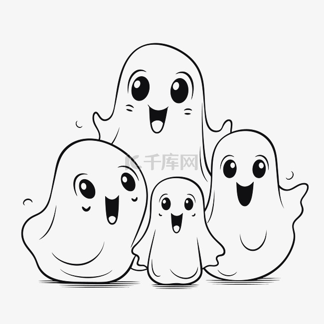 四个微笑的鬼魂卡通素描轮廓图 