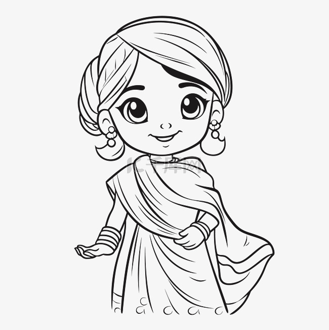 可爱的印度女孩着色页轮廓素描 