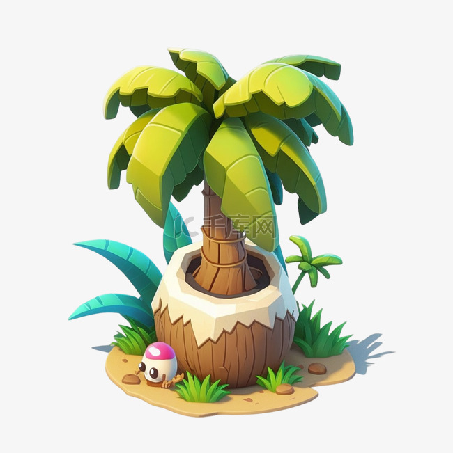 椰子树夏天卡通3d白底透明
