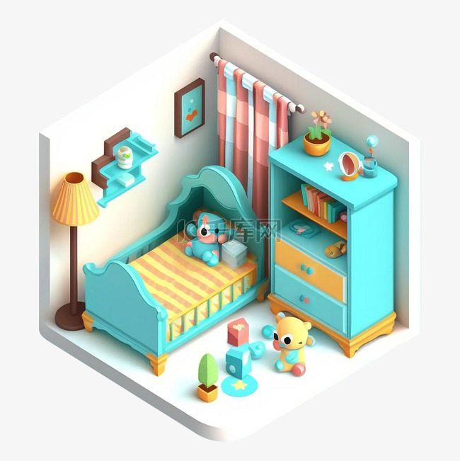 3d房间模型婴儿房极简可爱图案