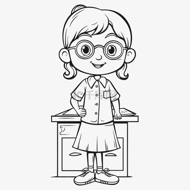 戴眼镜的女老师着色页轮廓素描 