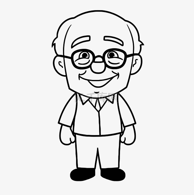 卡通老人戴眼镜着色页轮廓素描 