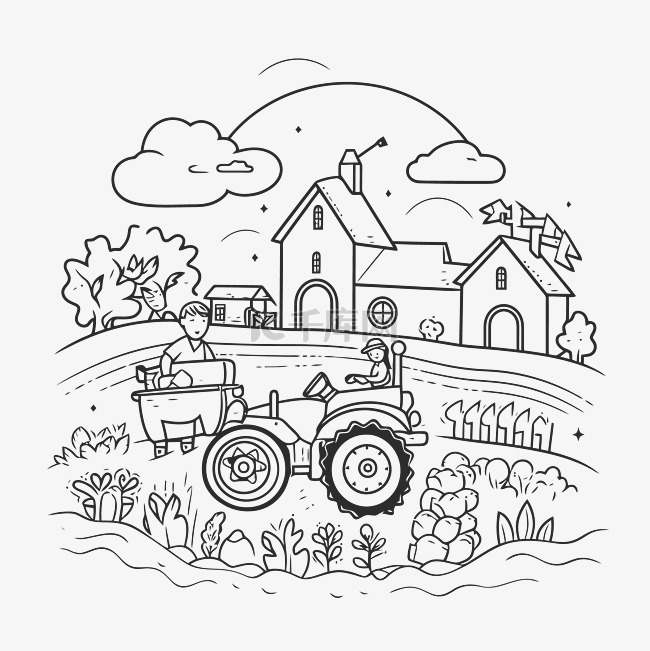 农场有拖拉机和农场着色页轮廓草