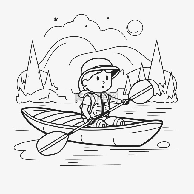 湖上独木舟的女孩着色页轮廓素描