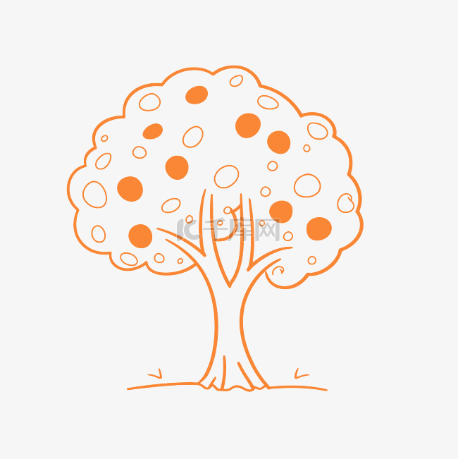 素描卡通树插图与橙色点来识别苹
