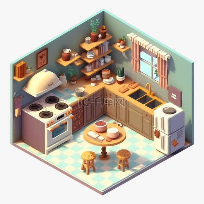 3d房间模型厨房古朴图案